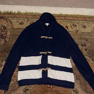 Men’s striped navy and white toggle sweater!